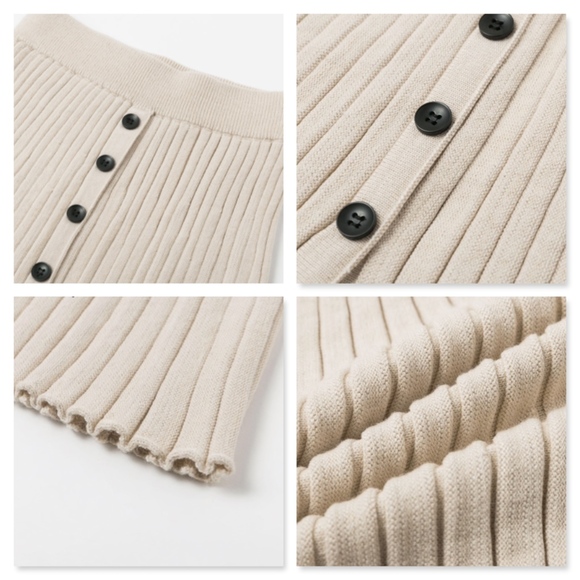 Rib-Knit Beige Sheath Buttoned Skirt Leg Slit - Picture 7 of 8